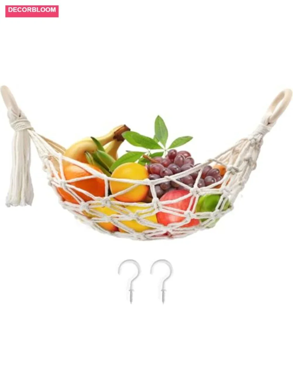 Hanging Fruit Hammock Under Cabinet with Hooks Hand Woven Boho Vegetable Basket